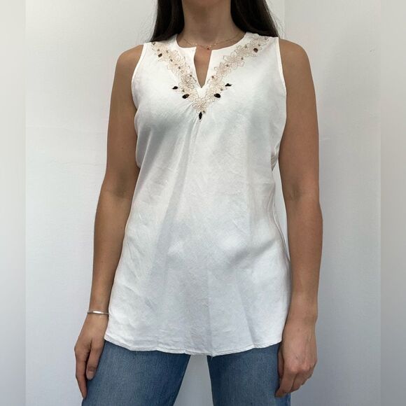 Vintage Y2K White Linen Sleeveless Floral Embroidered Tunic Top Size S - Picture 2 of 11